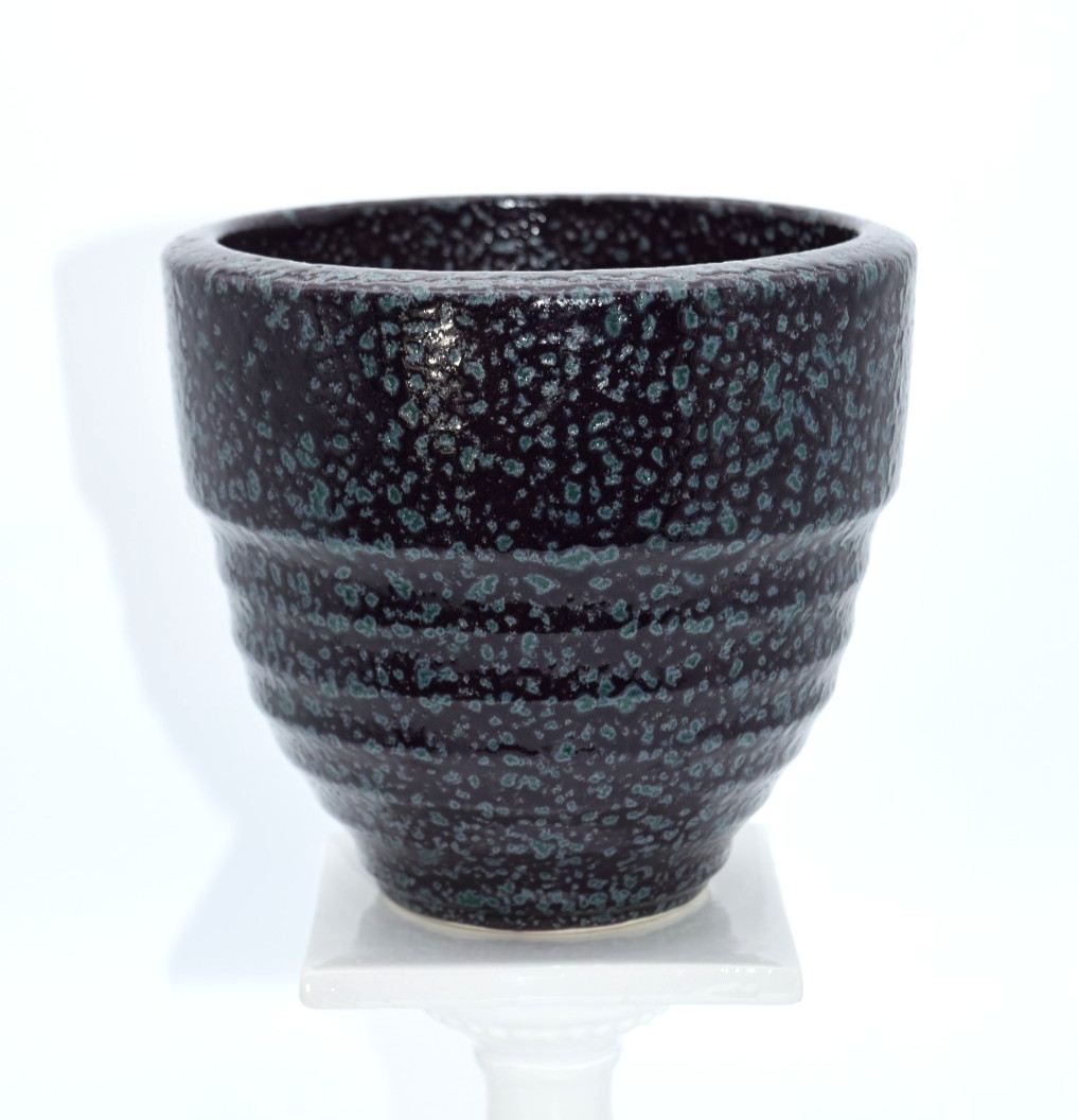 MUDHUT USA Ribbed Deep Purple Turquoise Speckled MCM Vintage Stoneware Planter gallery