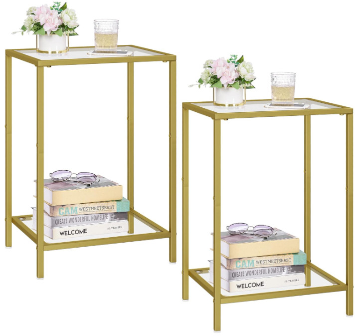 Side Tables Set of 2, End Tables with Tempered Glass, 2-Tier Nightstands, Golden gallery