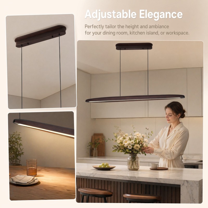 51 in 3CCT Remote Walnut Linear LED Pendant Chandelier Living Room Light Fixture gallery