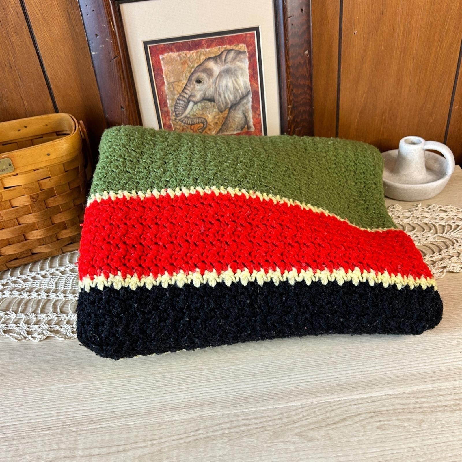 Handmade Crochet Throw Blanket Green Red Black Stripes Cozy Retro Blanket Rustic gallery