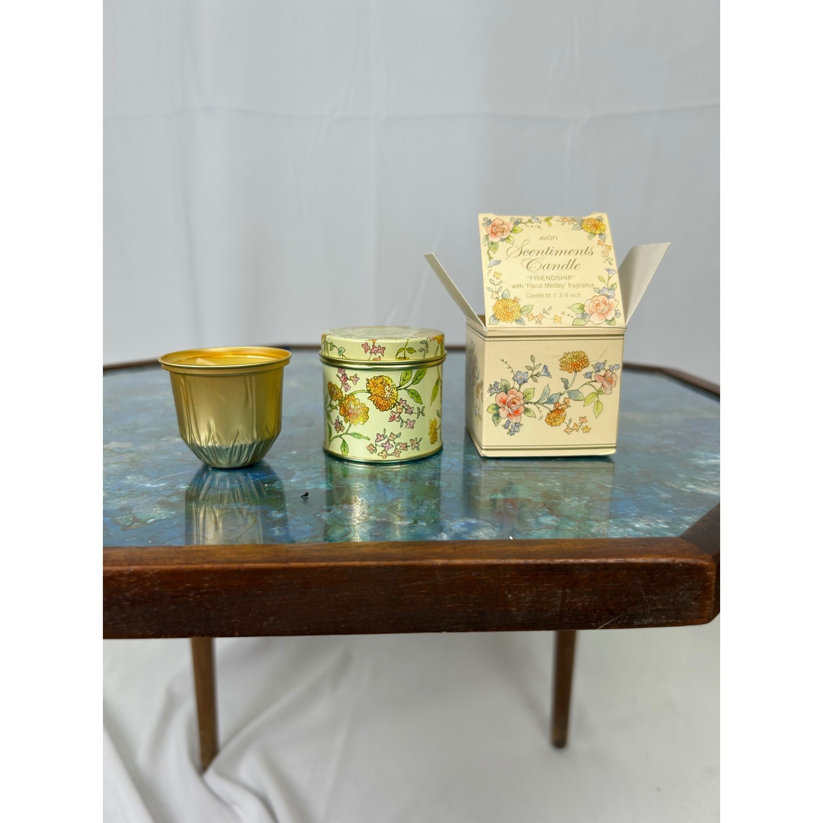 Vintage Avon Scentiments Friendship Candle Floral Medley Yellow Tin with Box gallery