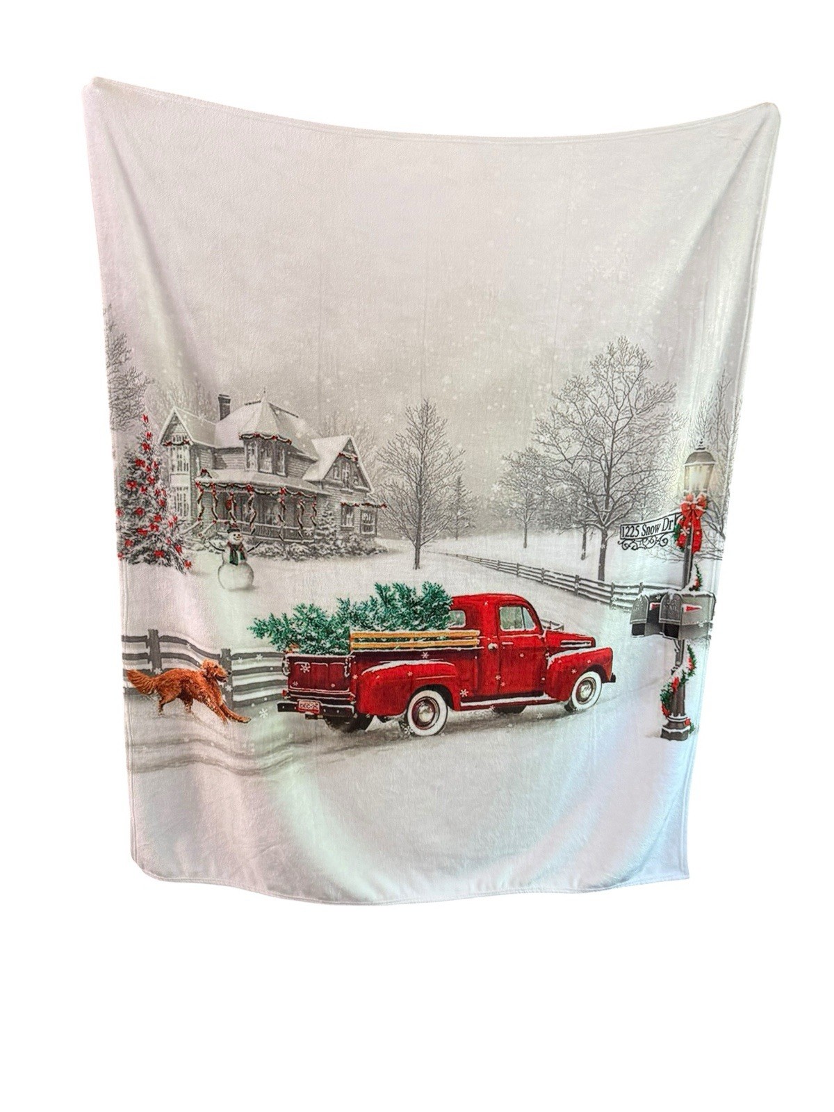 Fleece Plush Christmas Throw Print Front Solid White Back 50”X60” Truck Tree Dog gallery