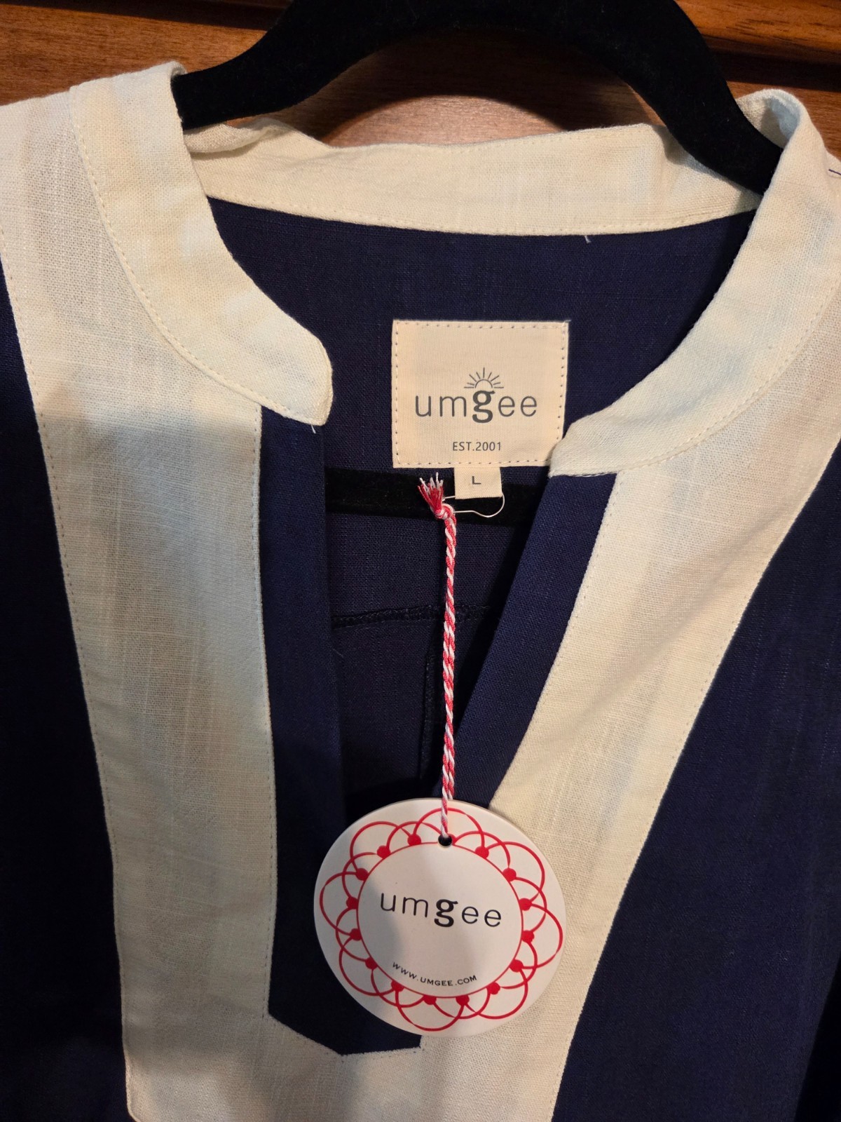 Umgee Linen Cotton Navy/Cream Contrast V Neckline Midi Dress Short Sleeve NEW LG gallery