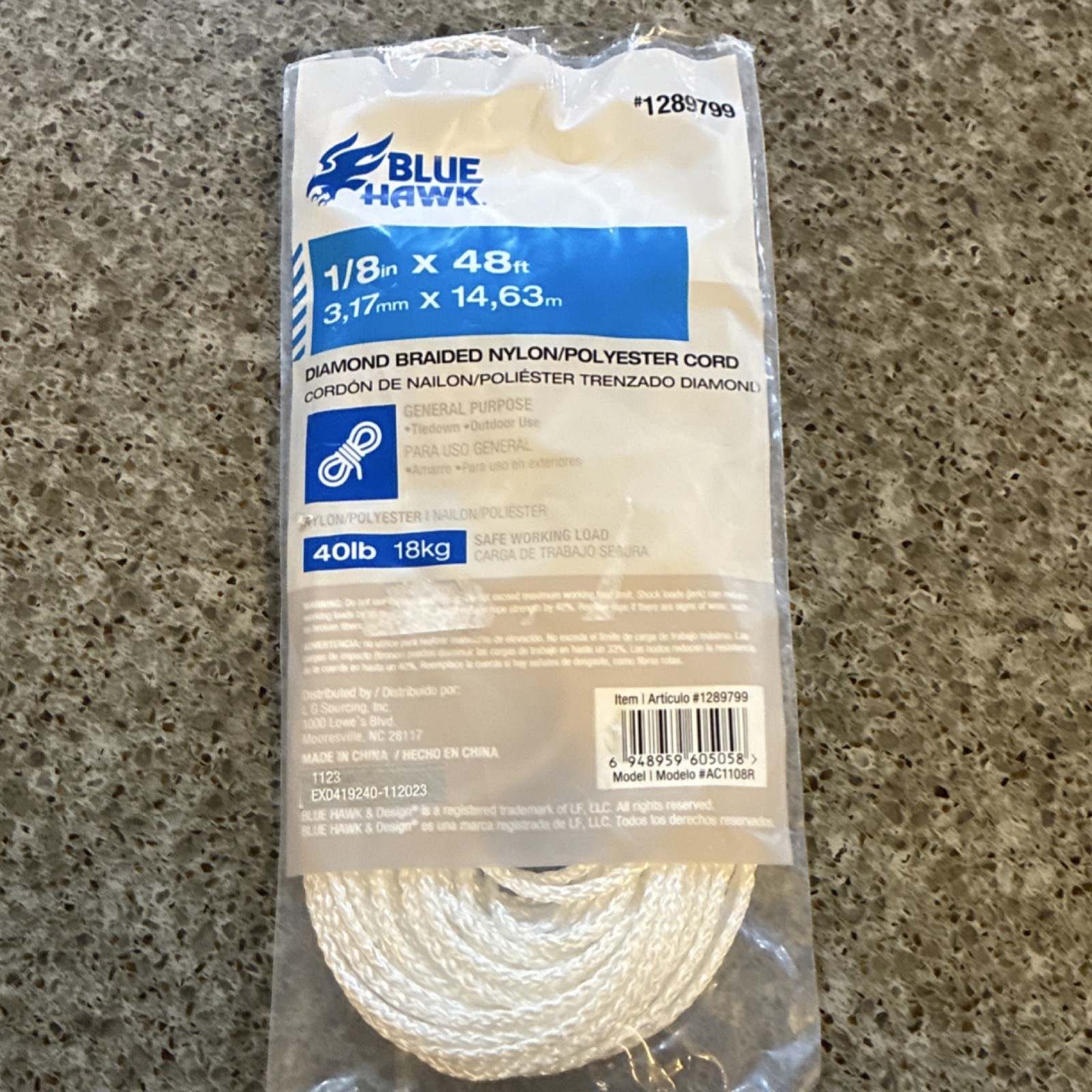 Blue Hawk Nylon Polyester Tie Down Cord White 1/8in x 48ft 40lb Diamond Braided gallery