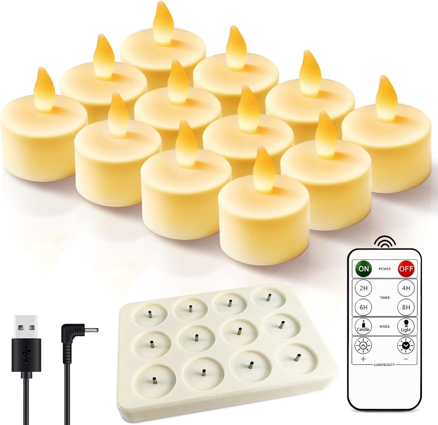 12pcs LED Rechargeable Tea Lights with Remote Timer and USB Charging Base Fla... gallery