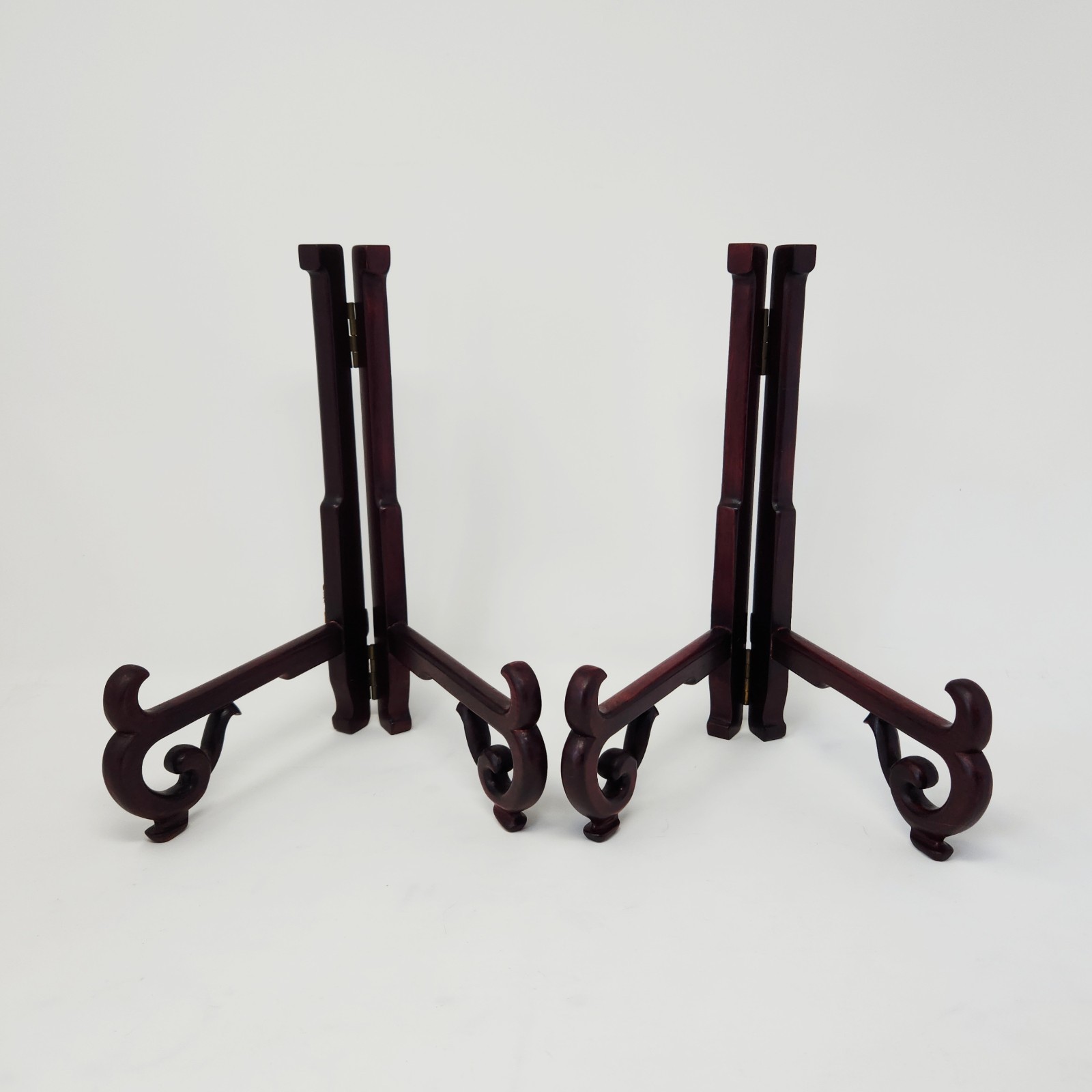 (2) Vtg Asian Rosewood Easel Display Stands Art Plate Carved Folding 9.75" x 6" gallery