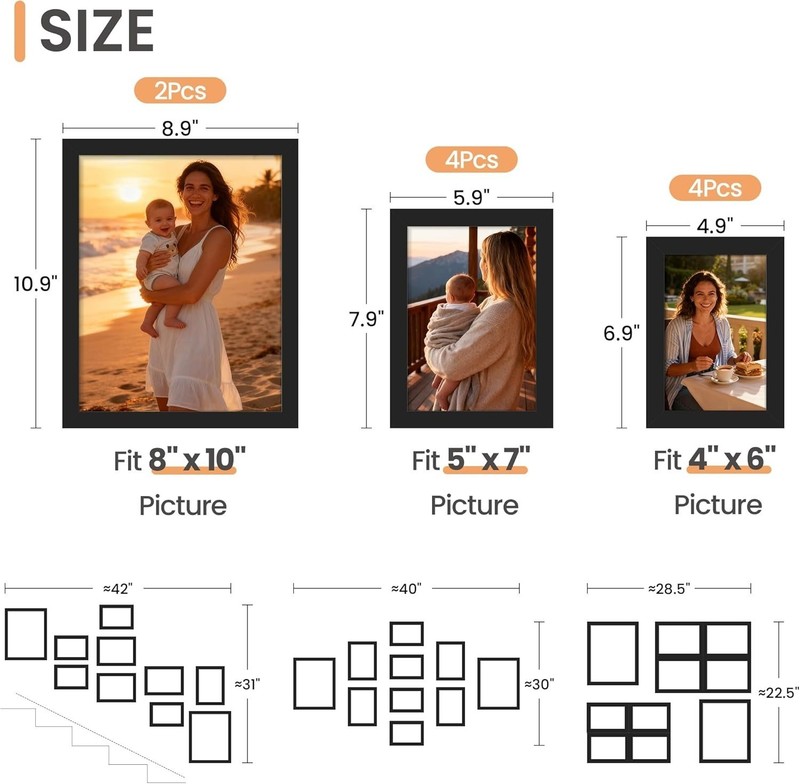 upsimples 10 Pack Picture Frames Collage Wall Decor 8x10, 5x7, 4x6 Black gallery