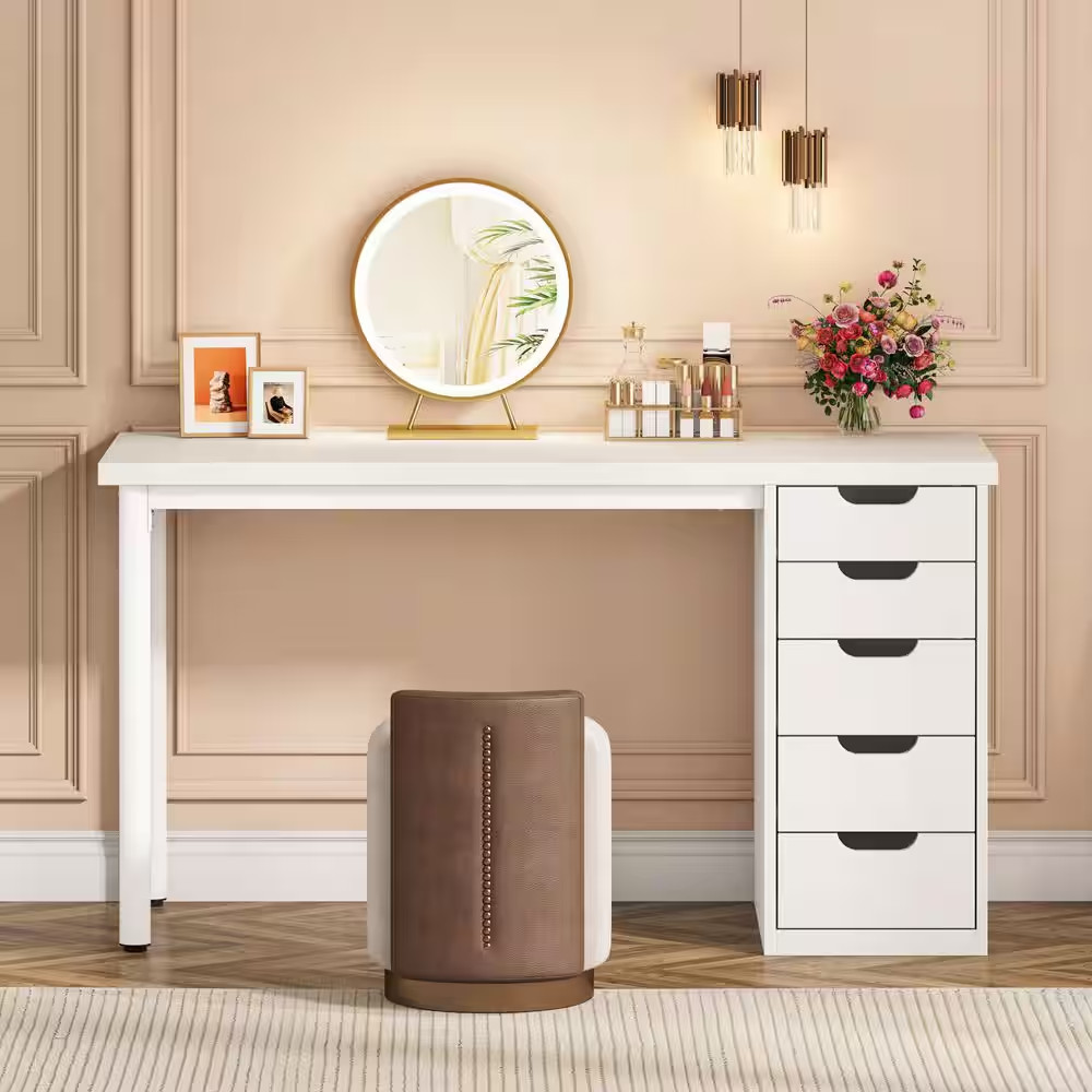 Helotes 47 In. White Makeup Vanity Desk with 5-Drawers, Chic Makeup Desk for Wom gallery