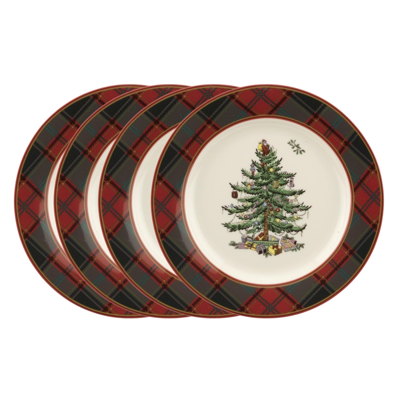 Christmas Tree Tartan Salad Plate (Set of 4) - 7.75 Earthenware Plate, Holiday T gallery