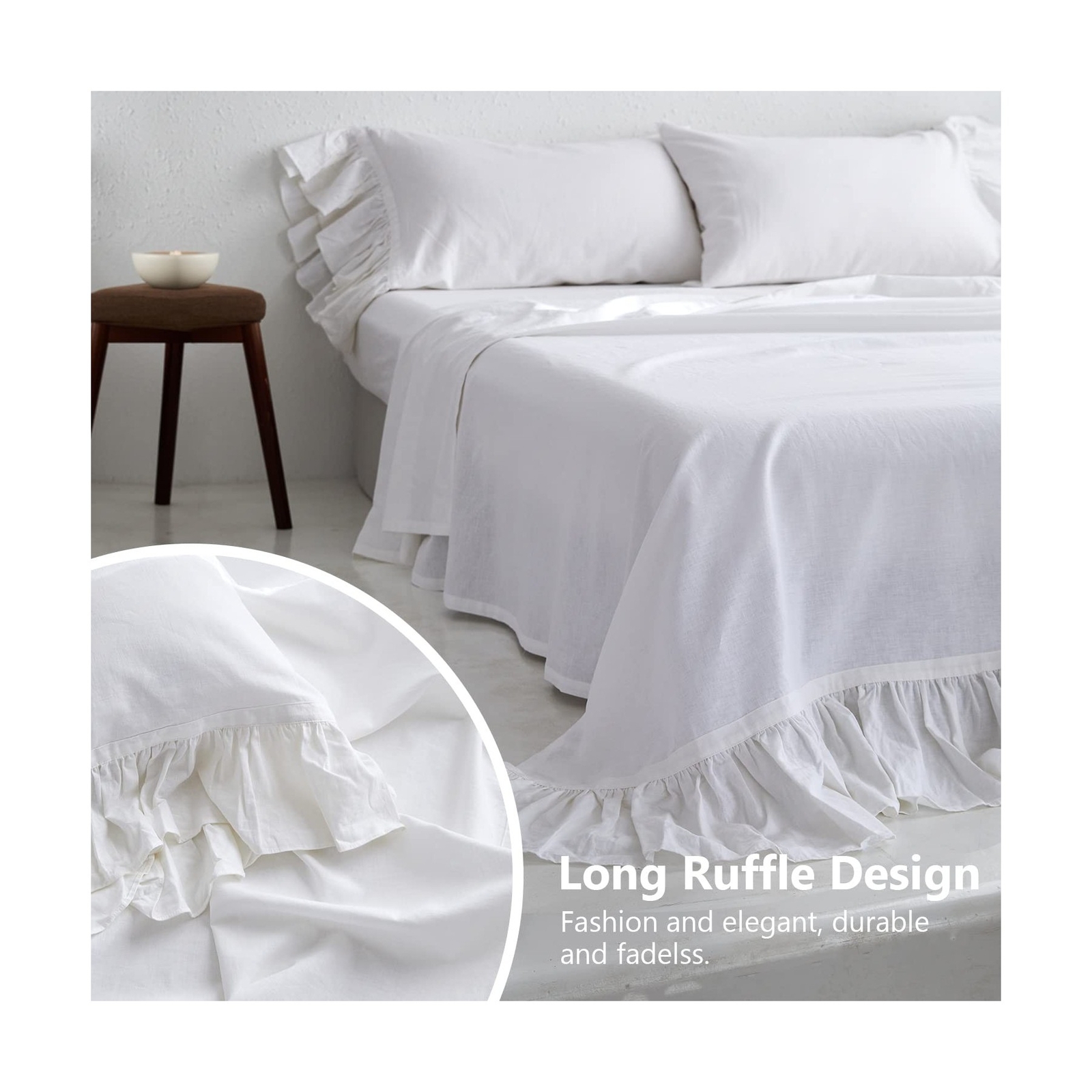 Belgian Linen Sheet Set with Long Ruffles 4pcs (1 Flat Sheet, 1 Fitted Sheet ... gallery