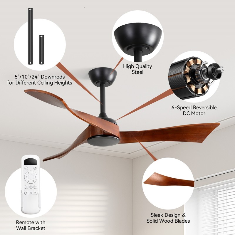 52in without Light Black Ceiling Fan in/outdoor 3 Solid Wood Curved Blades Quiet gallery