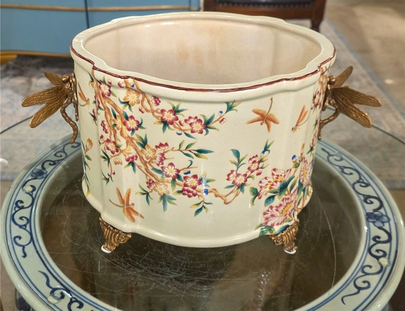 Porcelain Oval Planter with Ormolu Dragonfly Handles-Floral Vine-14'' x 8''H gallery