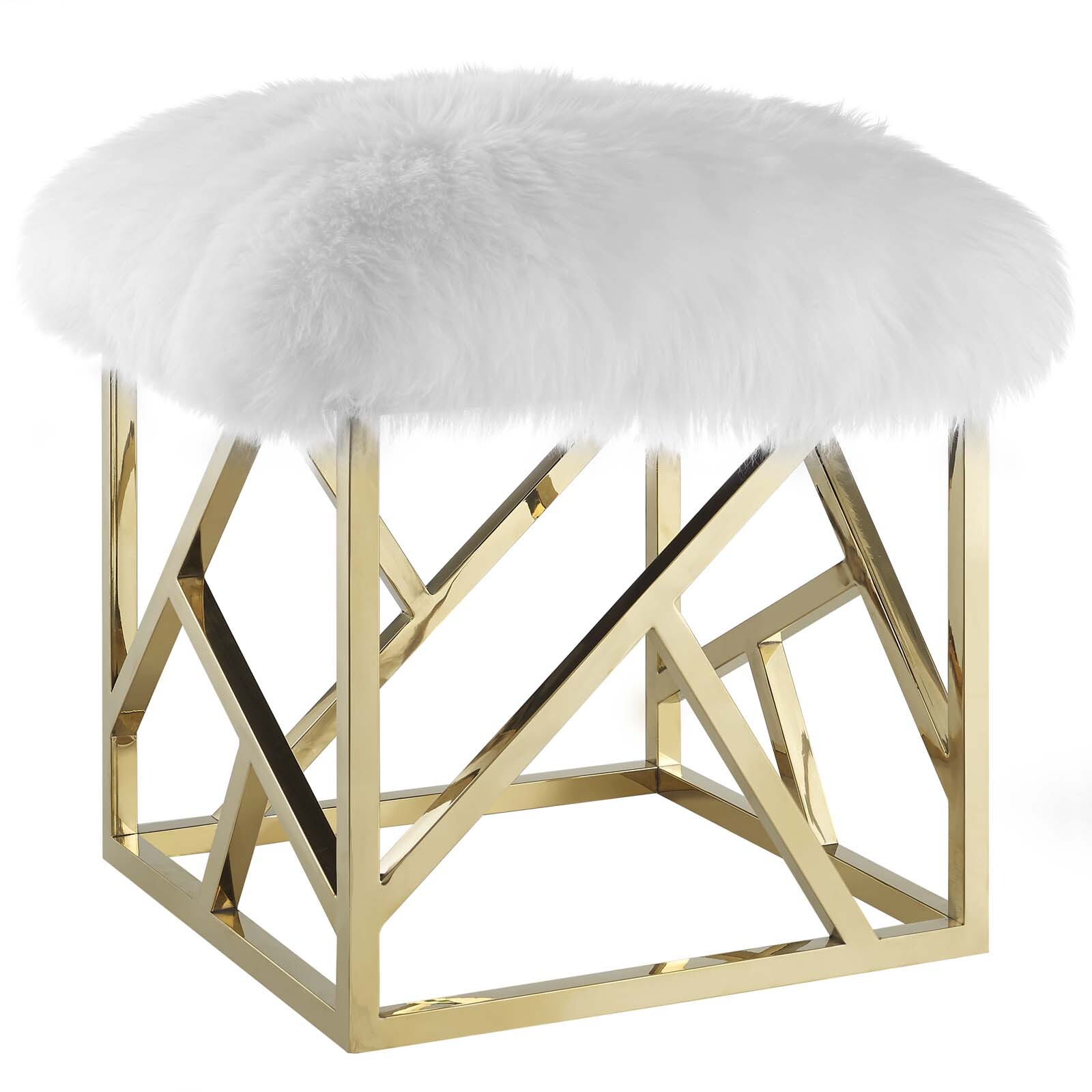Modway Contemporary Modern Sheepskin Fur Geometric Metal Ottoman in Gold White gallery