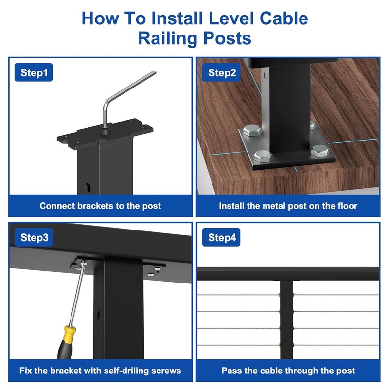 8-16FT Cable Railing Kit 36" Black Level Posts Swageless System 200FT 1/8" Stain gallery