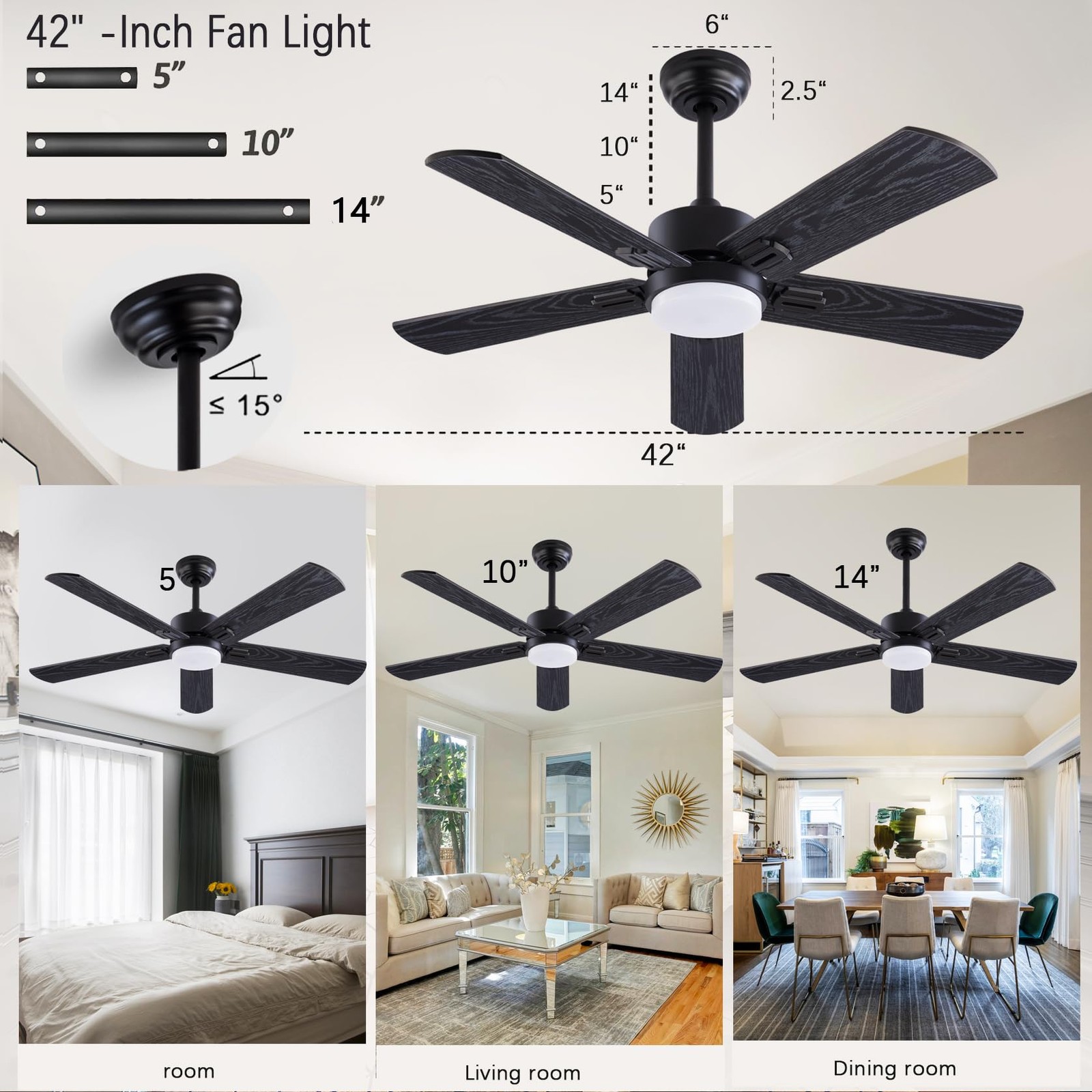 QUTWOB 42" Ceiling Fan w/ Light Remote Farmhouse 5 Blades Quiet Reversible DC Mo gallery