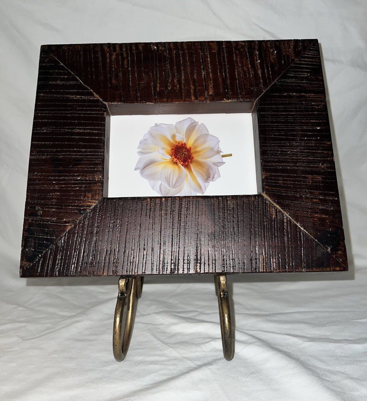 Rustic Wood frame with deep vertical grooves & finished in a dark, rich walnut gallery