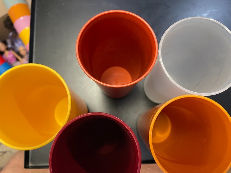 5-Tupperware 12 oz. Tumblers 2 red,1 yellow,1 orange 1clear no.115-34,36,33 gallery