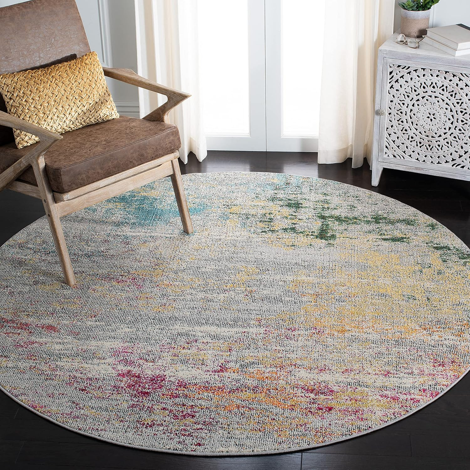 Madision 9' Round Area Rug - Grey & Gold Modern Boho Design, Easy Care gallery