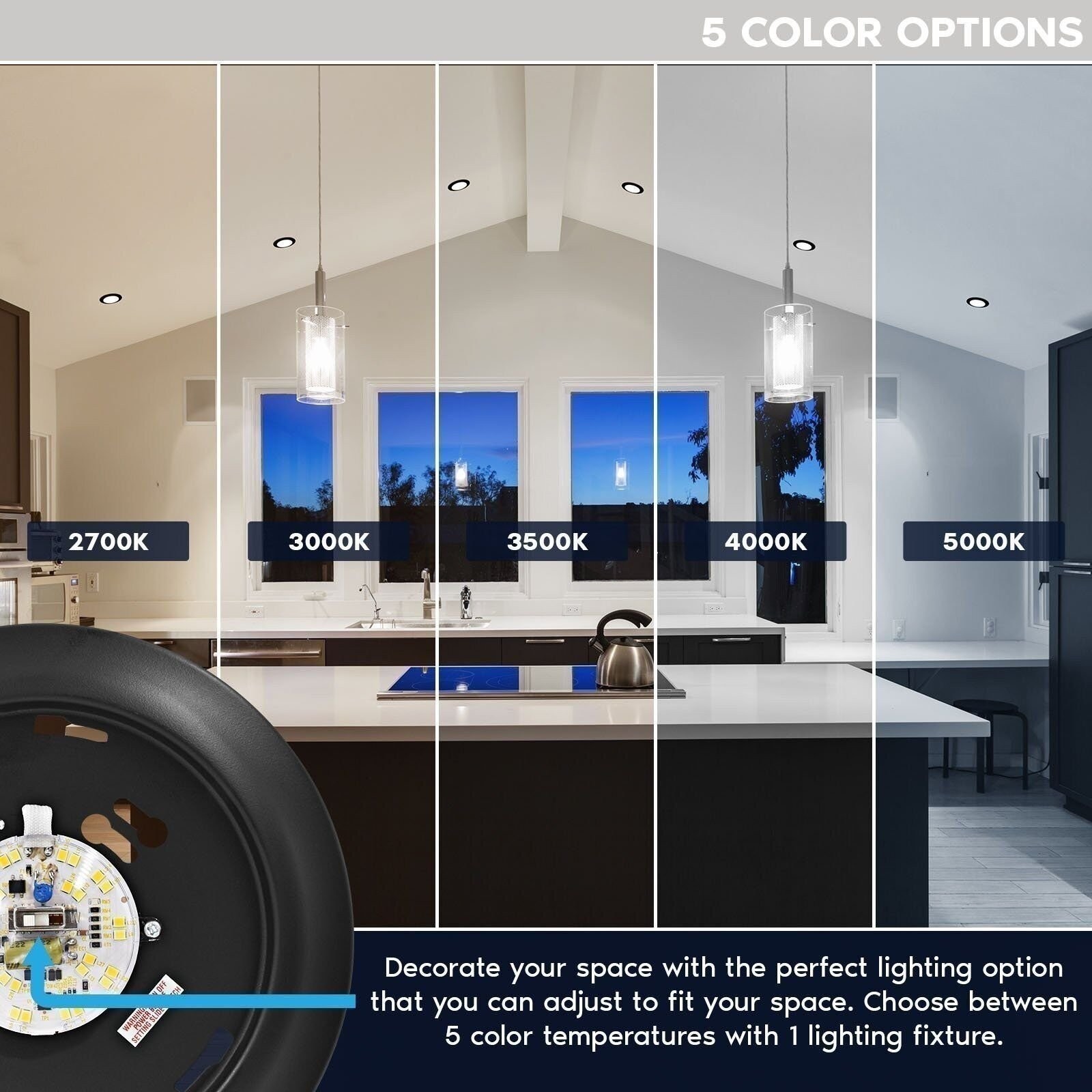 Luxrite 6 Inch LED Disk Lights 5CCT 2700K-5000K 1000LM Damp Rated Black 6-Pack gallery