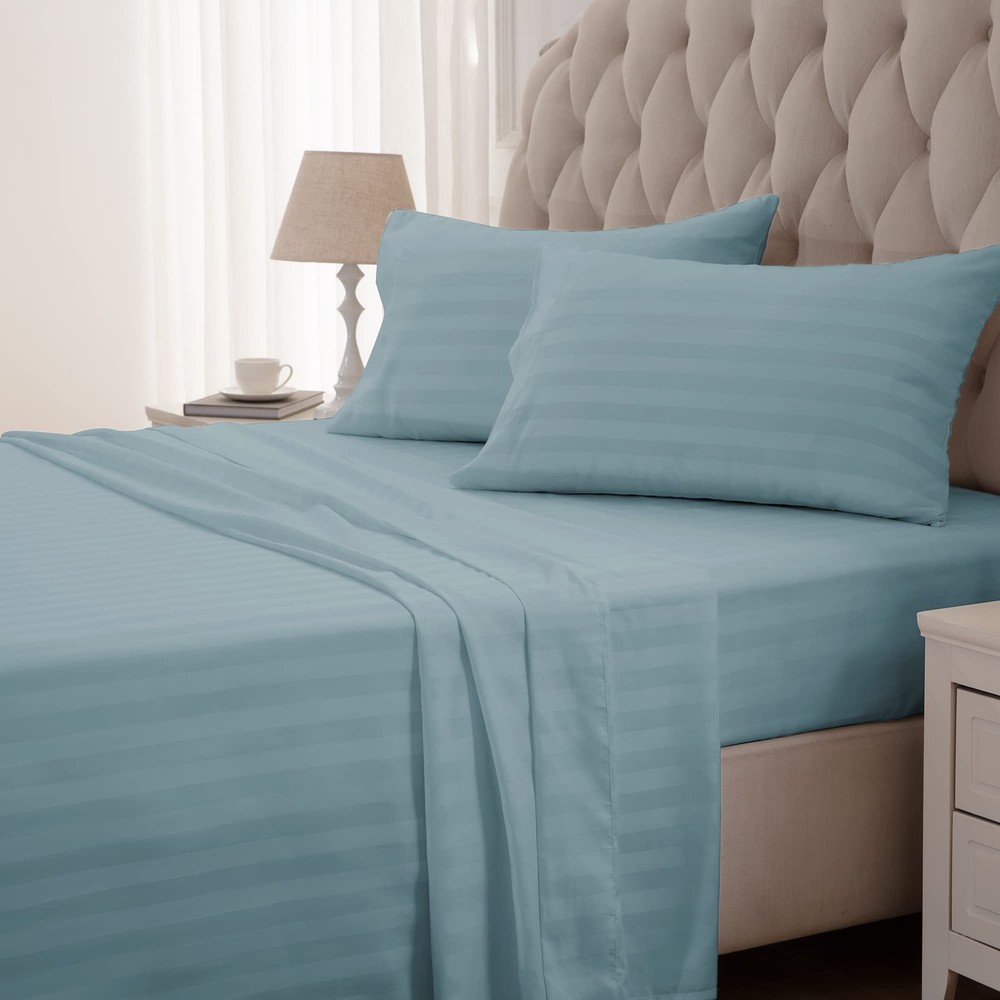 SLEEP ZONE Striped Cooling Sheets Set Deep Pocket - King, Stripe - Flint Blue