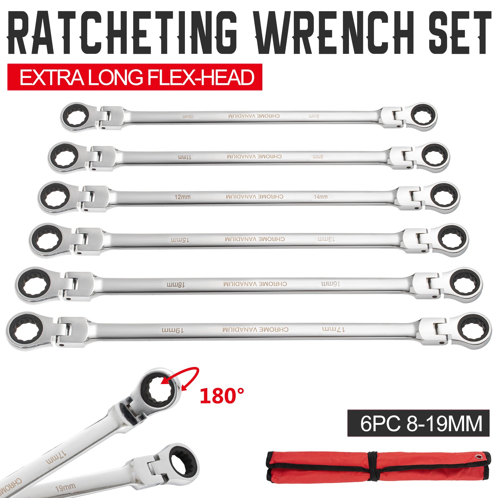 6PC Extra Long Flex Head Ratcheting Wrench set Double Box End Metric 8-19 Pouch gallery