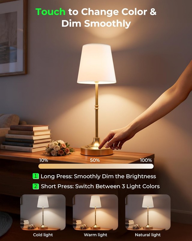 Cordless Rechargeable Lamp Touch Dimmable 5200mAh Wireless 3 Fabric Shade Brass gallery