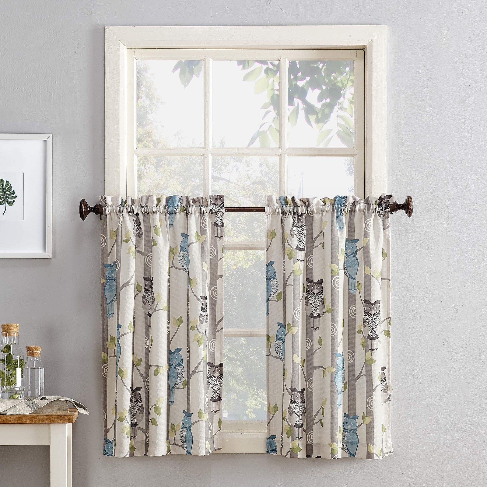 Hoot Owl Print Semi-Sheer Rod Pocket Kitchen Curtain Tier Pair, 56" x 36", Mocha gallery