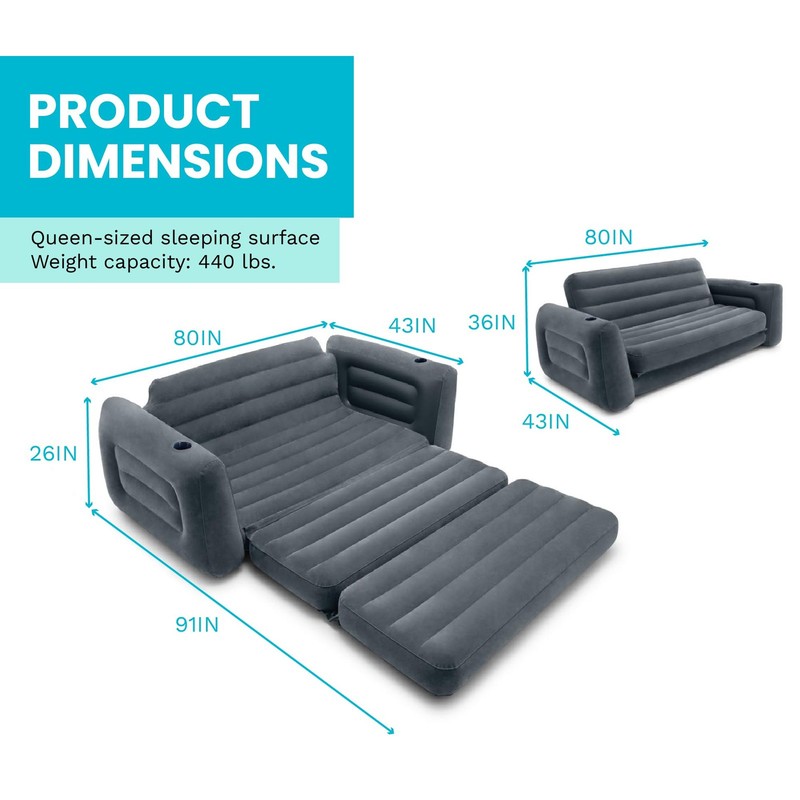 Intex Inflatable Pull-Out Sofa: Velvety Surface, 2-in-1 Queen Sofa, Grey gallery