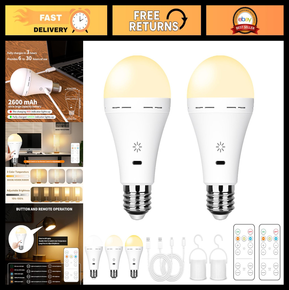 Rechargeable E26 Light Bulbs with Remote, 2600mAh Battery, 3000K-6500K, 40W Equi