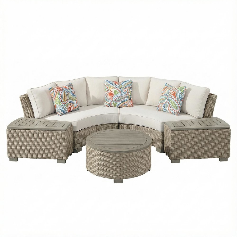 Tan Round Outdoor Coffee Table with Wood Legs and Transitional Design gallery