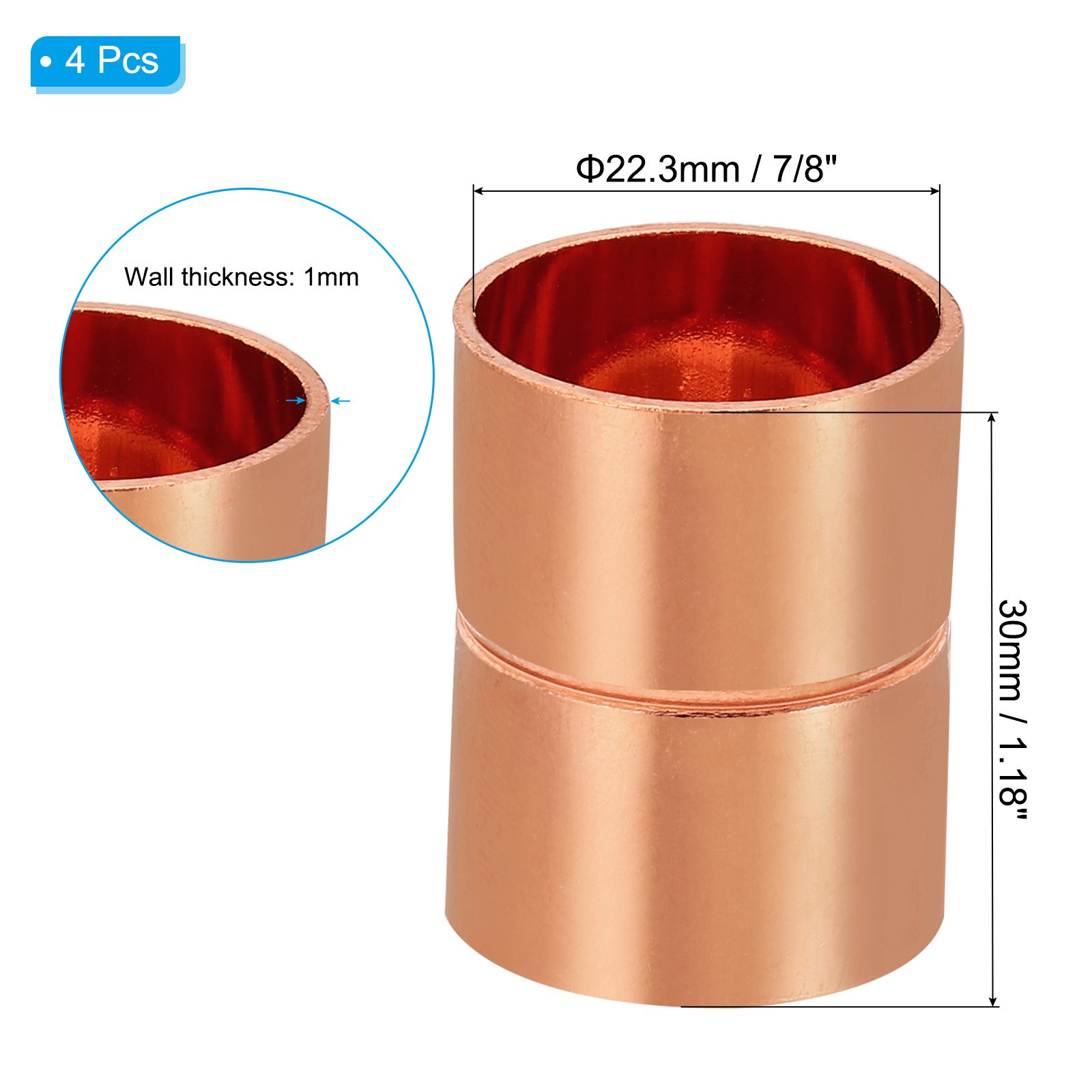 4Pcs 7/8 Inch ID Straight Copper Coupling Fittings Welding Joint for HVAC gallery