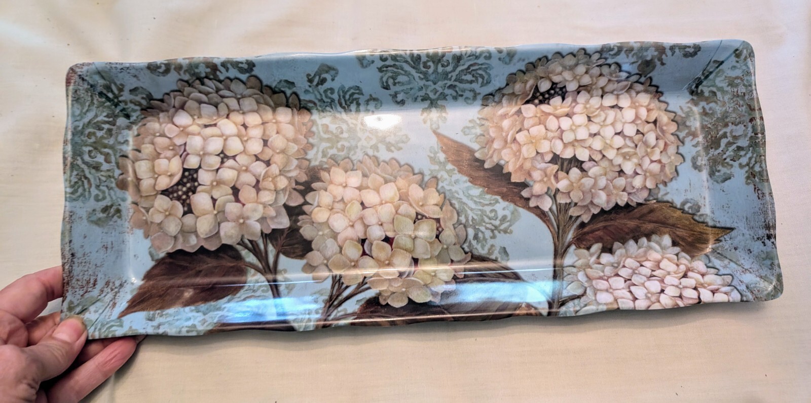Hydrangeas Tray Merritt Melamine Rectangle Serveware @16" Long Blue White gallery