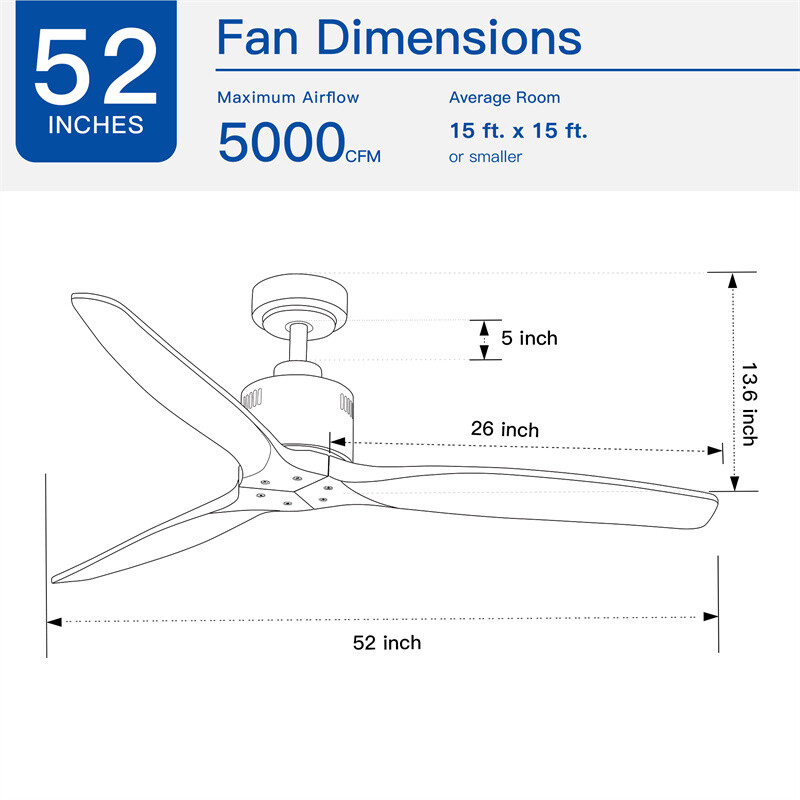 52in Modern Solid Wood Ceiling Fan No Light Reversible Remote for Indoor 5000CFM gallery
