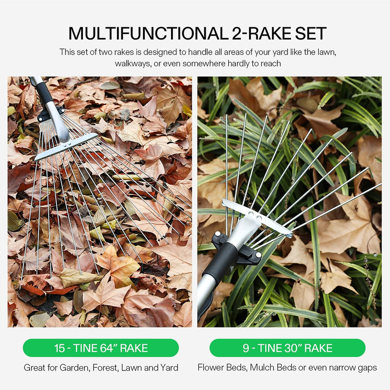 2-Piece Leaf Rake Set - Adjustable Garden/Camping Rake with 15/9 Tines, Collapsi gallery