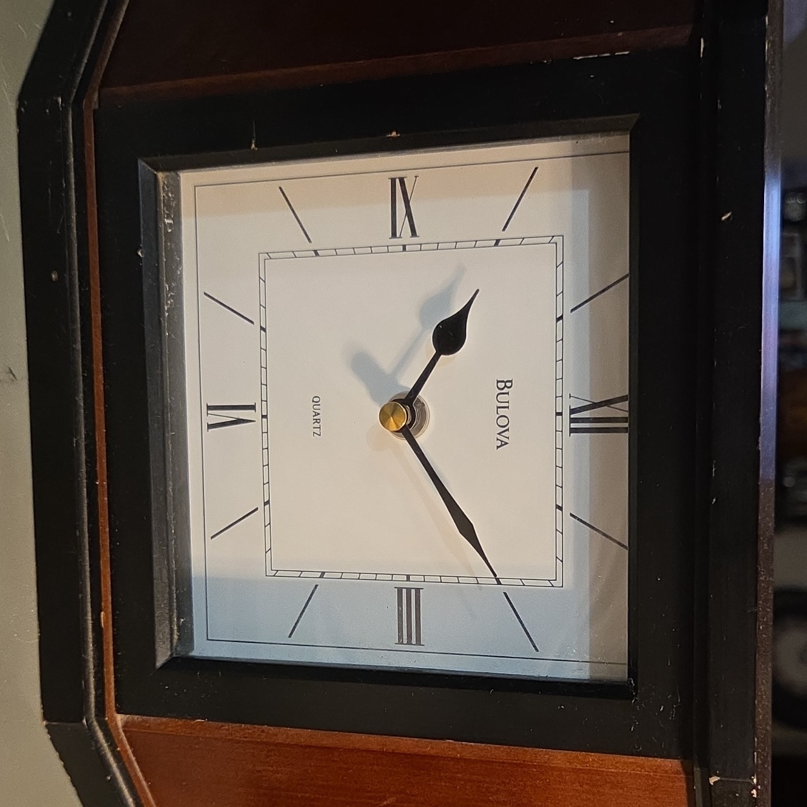Bulova Quartz Desk Clock Rectangle Wood Glass Brown Black Analog Roman Numerals gallery