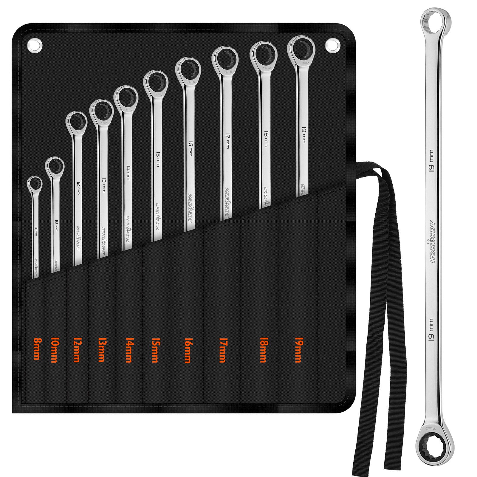 10PC Extra Long Ratcheting Wrench Set Double Box Spanner 8-19MM With Storage Bag gallery