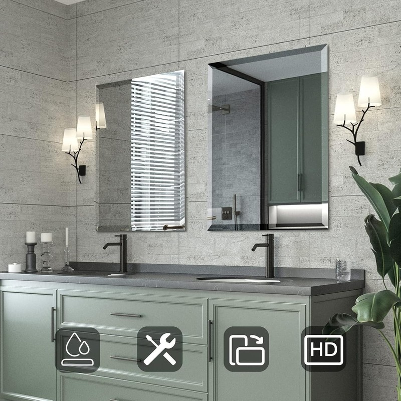 Rectangle Wall Mirror Frameless for Bathroom with Safety Hanger 1" Beveled Edge gallery