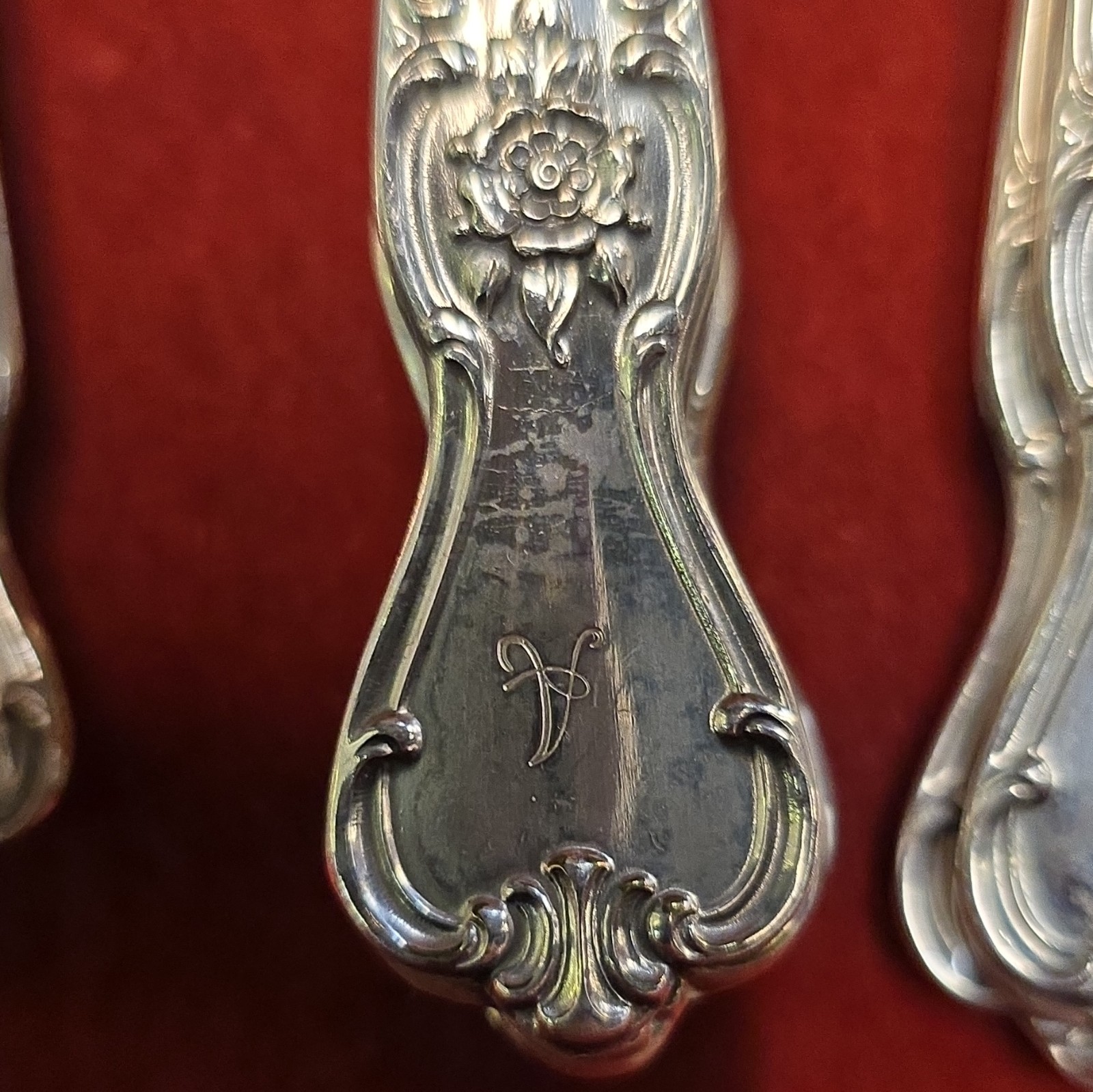 24pc Silver Floral Engraved Flatware Set w/ Medium Brown Wood Case, Service 12 gallery