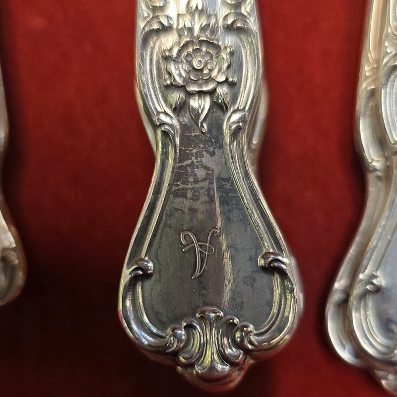 24pc Silver Floral Engraved Flatware Set w/ Medium Brown Wood Case, Service 12 gallery