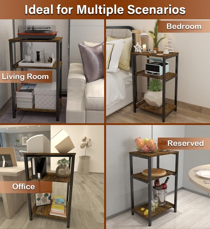 3 Tier Side Table Rustic Brown Black Narrow Nightstand End Table with Shelves gallery