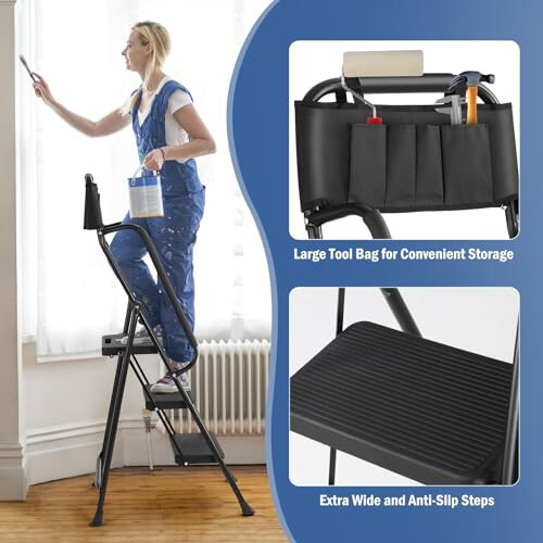 3 Step stool Ladder with Handrails 330 lbs folding Attachable Tool gallery