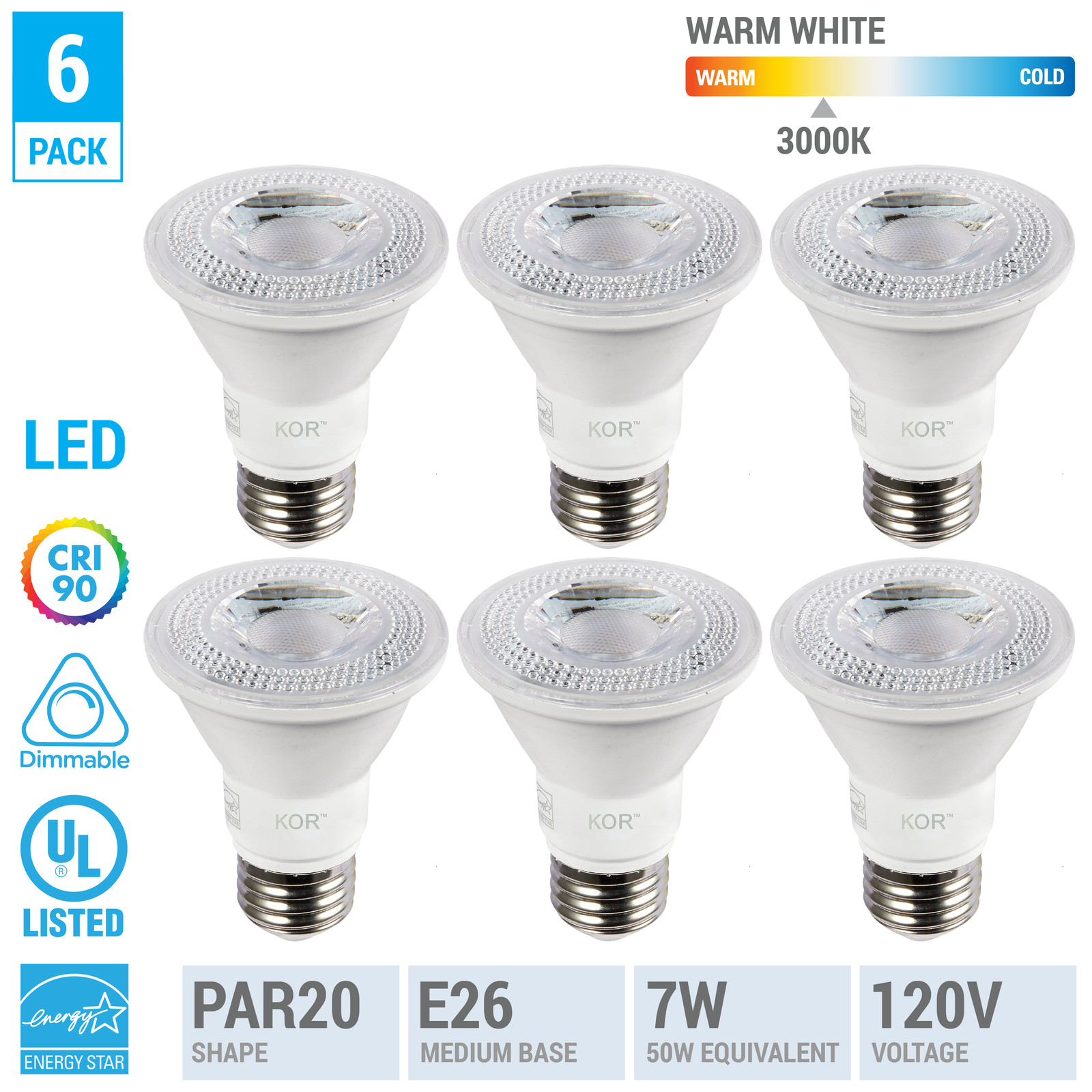 6 Pack LED 7W 50W 500 Lumen PAR20 Medium E26 Dimmable Flood 3000K Warm White gallery