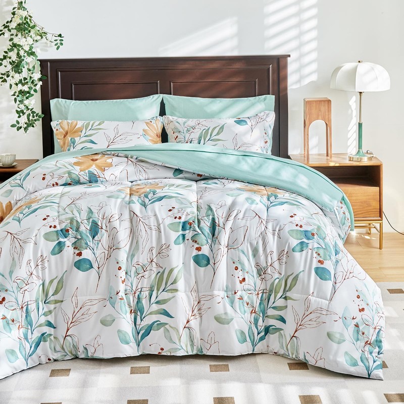 Uozzi Bedding Leaves Comforter Sheet Set White Bed In A Bag 7 Pieces King Size gallery