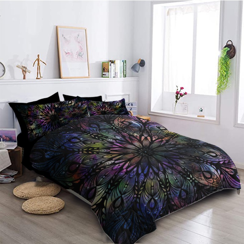 Mandala Flowers Pattern Comforter Set BlessLiving Colored Bedding Set King Black gallery
