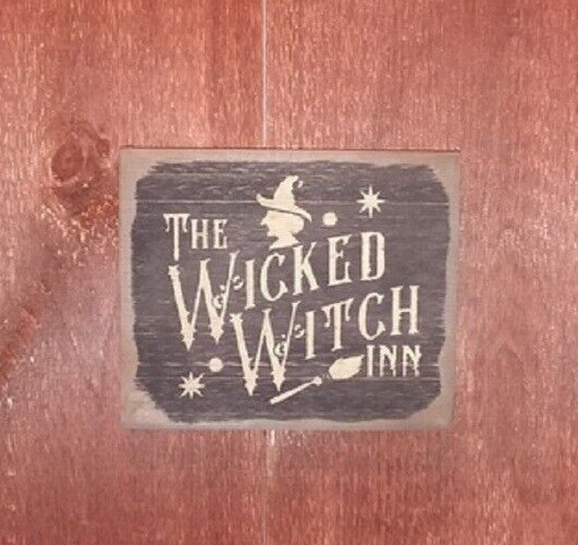 New Primitive BARNWOOD WICKED WITCH INN 8"HX7"W AGED Black Tan Rustic Halloween gallery