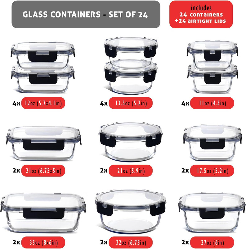 48Pc Glass Storage Containers with Lids, 24 Set Glass Food Storage Containers wi gallery