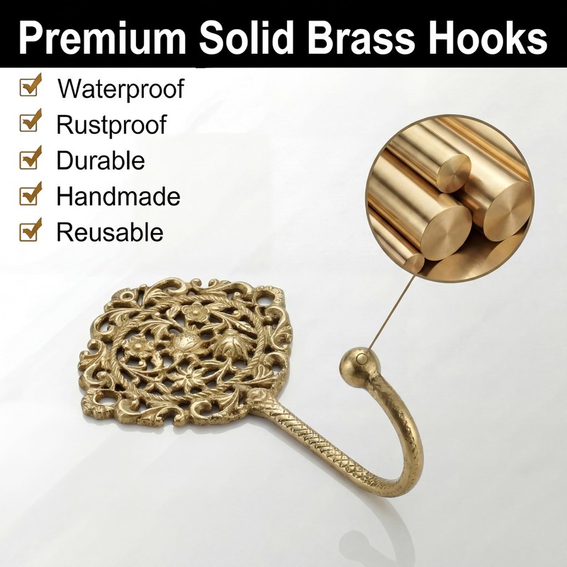 IndianShelf Solid Brass Boho Decorative Wall Hooks - Holds Up to 33 lbs - Vin... gallery