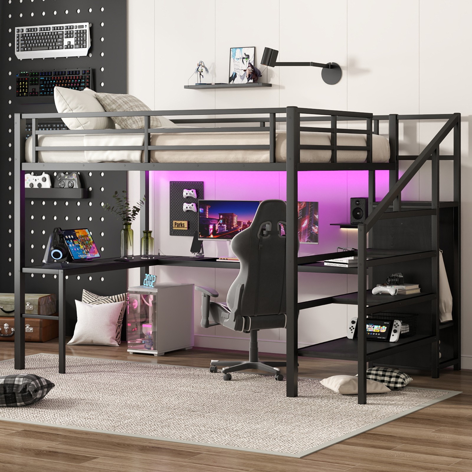Queen Size Loft Bed with L-shaped Desk and USB, Metal Loft Bed with Wardrobe gallery