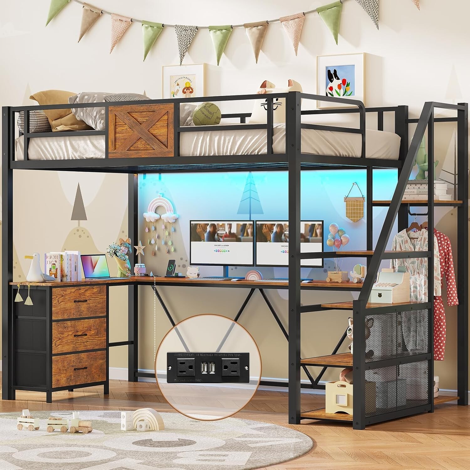 Stairway Twin Size Loft Bed with L Shaped Desk & Wardrobe, Metal Loft Bed Frame gallery
