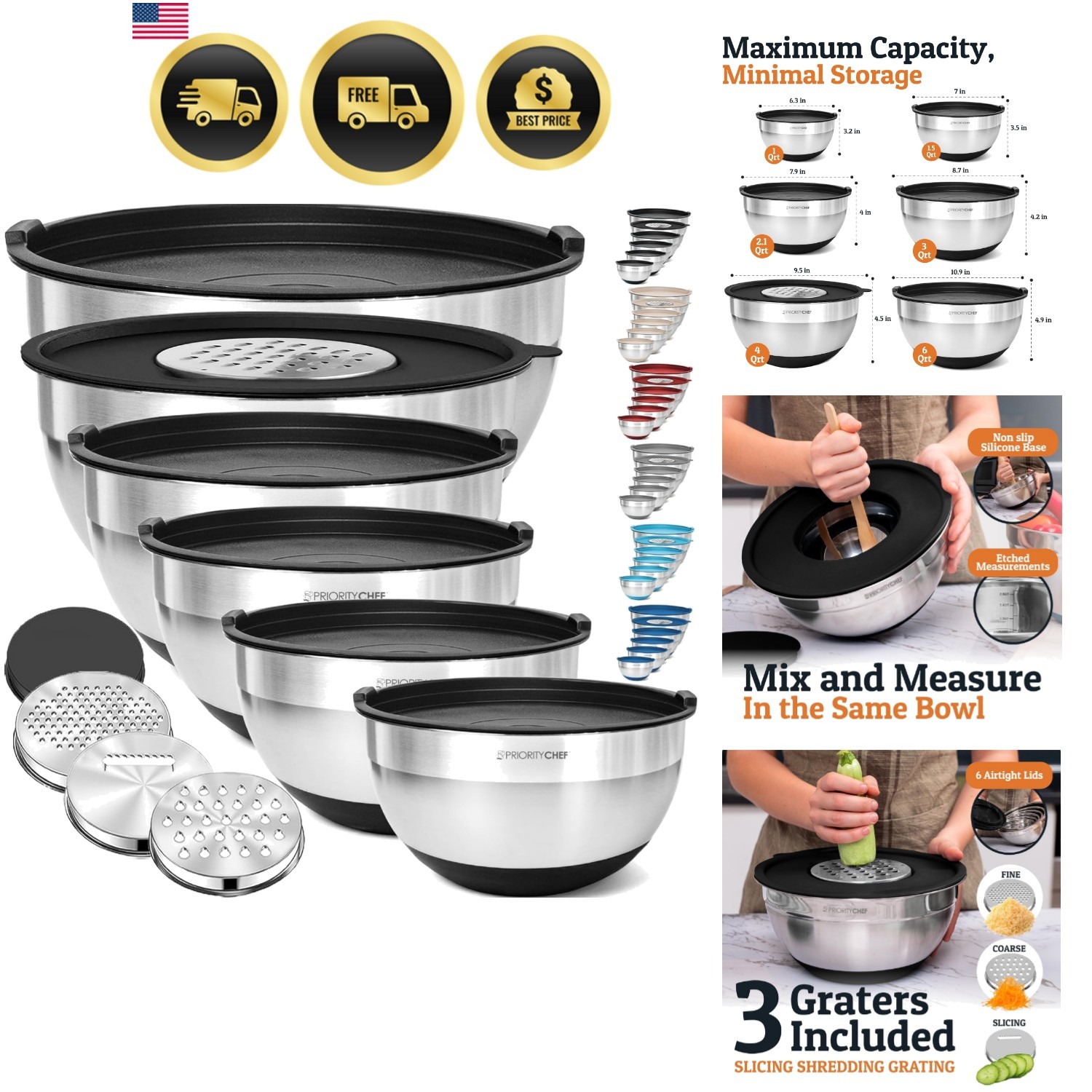 6Pc Large Mixing Bowls With Lids Set with Non-Slip Bases, Stainless Steel Mix... gallery